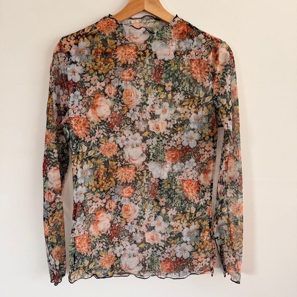 NWT Floral Mesh Mock Neck Sheer Long Sleeve Top Cottagecore Medium - Picture 3 of 9